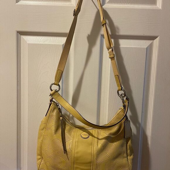 COACH Signature Stripe Convertible Hobo Bag yelow Perforated Leather F23241 - Picture 4 of 15
